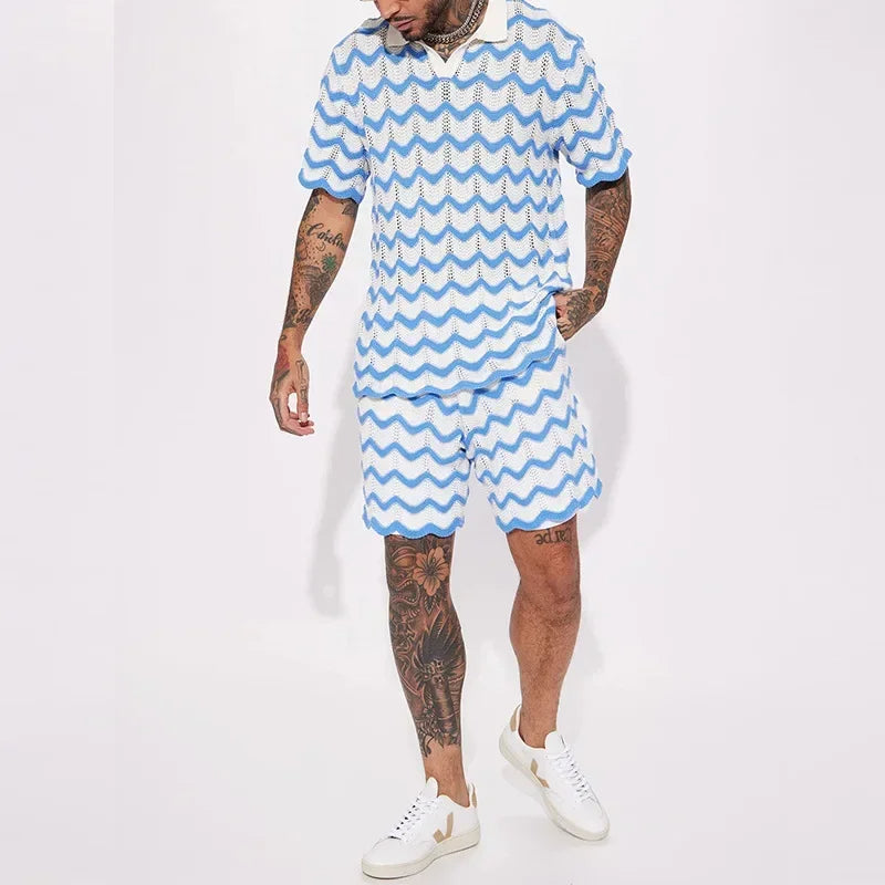 BAILLMARD - Men's Retro Wave Pattern Knit Polo Set