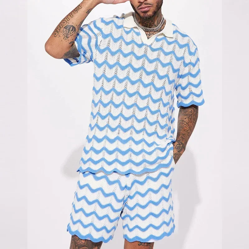 BAILLMARD - Men's Retro Wave Pattern Knit Polo Set