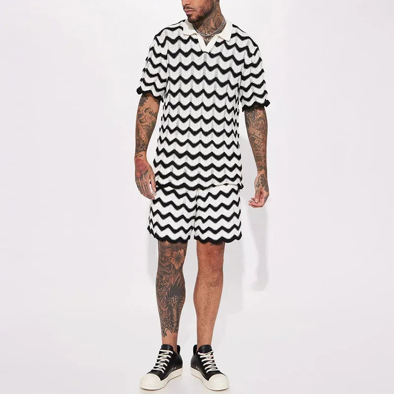 BAILLMARD - Men's Retro Wave Pattern Knit Polo Set
